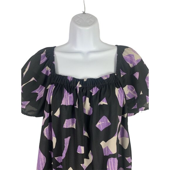 Daisy Fuentes Purple & Black Abstract Print Elastic Square Neckline Dress Large - Picture 2 of 9